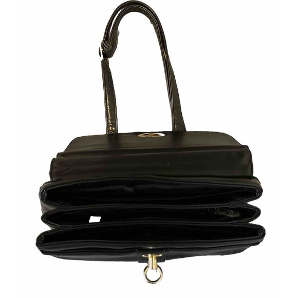 EUC HATO HASI Bag Black Leather 3 Main Compartment Bag Purse+ Shoulder Strap - Picture 3 of 6